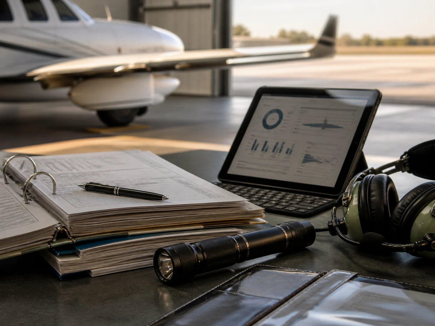 Illustrative aircraft appraisal workspace with records and inspection documents